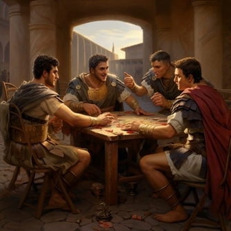 An illustration of four Roman men playing a game of terni lapili (3 pebbles). 