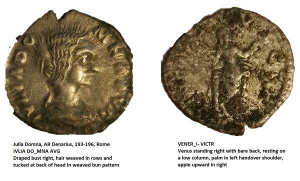 An irregular Roman coin with detailing of a head profile of Julia Domna one side and a depiction of Venus on the other