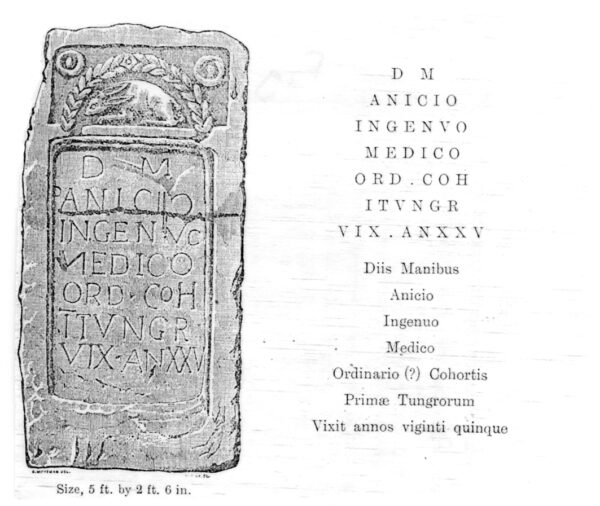 An illustration of a tombstone alongside an interpretation of the text it contains