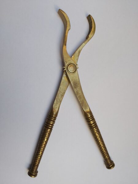 A photo of a pair of brass medical forceps with highly decorated handles, shown in an open position