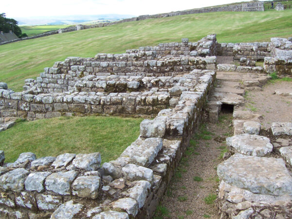 A photo showing the remains of buildings on the site of the hopsital at Housesteads