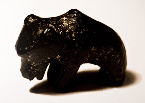 A close up photo of an accurately carved bear made from jet