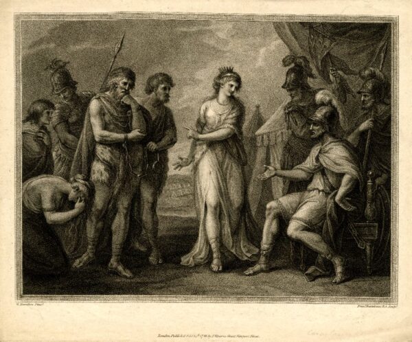 An engraving, showinga group of Romans and Caratus and his followers standing either side of Queen Cartmandua as she negotiates with the Romans