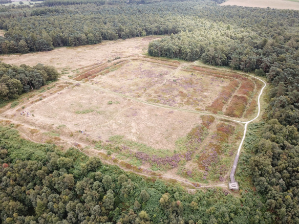 An aerial colour photograph showing a square of dry heathland with rounded corners (Ford D)- there is a perimeter path as well as two paths that link to a central crossroads dividing the site into quarters - there is is also an opening onto a further irregular area of scrub to the top left (Camp C)- both sites are surrounded by dense woodland