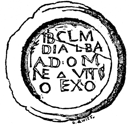 A black and white illustration of a circular collyrium stamp set within an rough edged irregular circular shape