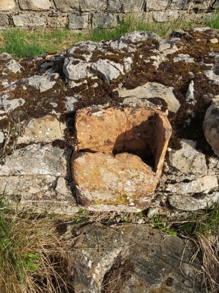 A colour photo showing a largely complete terracotta box flue section- this is inset into a stone wall - there is rough grass in both the foreground and background - another more complete wall can be seen behind this section of ruined wall