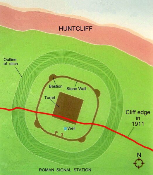 A colour plan showing a coastline view orientated North - this shows sea at the top, then a beach, and onto mainland - within the mainland there is a diagram showing two outer ditches surrounding a stone wall with four bastions, within this a central tower, and close to this there is also a well - overlaid onto this plan is a red line which marks the line of the coast in 1911