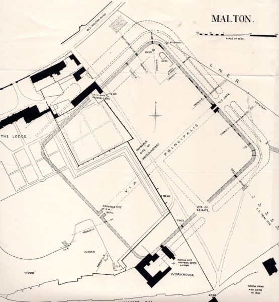 A greyscale plan of Malton Fort showing extensive detail of how this site was laid out - this plan also includes buildings that were there during excavation in the 1920's