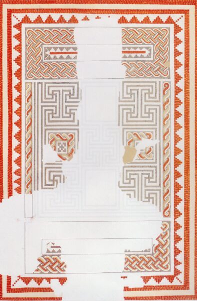 A colour illustration of a mosaic from Beadlam Villa showing two rectangular blocks above and below a square containing an interconnected pattern, with a mixed of styles, including twisted multicoloured strands of guilloche work - this is surrounded by another straight line borders alternating red/white/red