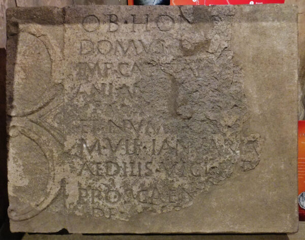 A colour photo of The Petuaria Inscription showing a rectangular stone with two large semi-circular decorations one above the other filling the lefthand side of this stone- running down the centre are ten lines of Latin text that are unreadable in places