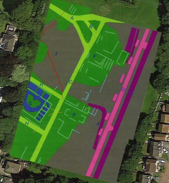 An illustrated colour map overlaid onto a photo of Burrs Playing Field in Brough - it shows a technical drawing of a range of features each marked with a letter