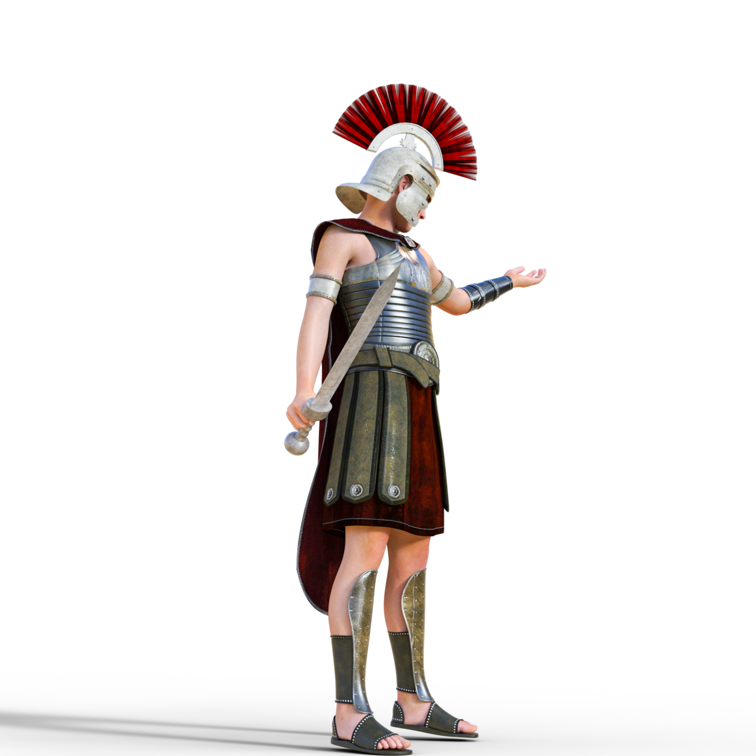 A computer generated graphic of a Roman legionary soldier looking to his right and holding out his right hand whilst holding a gladius (sword) point upwards in his left hand