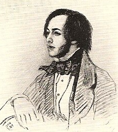 A charcoal sketch of a young man in early Victorian dress