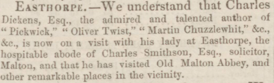 A newspaper article from 1843 reporting on Charles Dicken's visit to Malton.